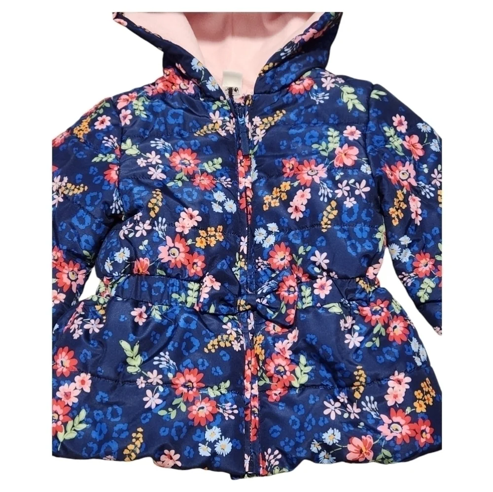 Little Me Girl's Navy Blue Floral Hooded Winter Coat Jacket, 3T